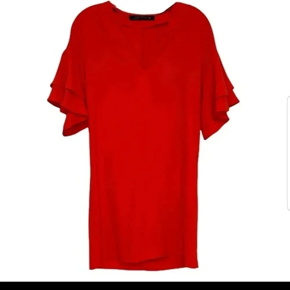 Zara Woman | Red V-Neck Ruffle Sleeve Mini Shift Dress - Picture 4 of 9